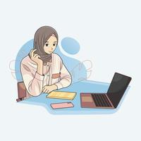 jonge moslimvrouw in hijab die aan laptop werkt terwijl het schrijven van plan vectorillustratie gratis download vector