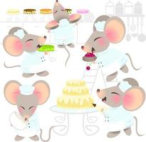 bakkerij gebak cake fabriek schattig muizen karakter baby kind chef muis pictogrammenset kleine rat klassiek pictogram zachte kleur vector