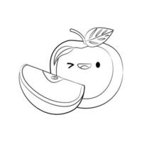Kaderstijl schattige appel met een stukje appel vector pictogram geïsoleerd op een witte achtergrond. tekenfilmsticker. kawaii lachende voedsel illustratie. platte cartoon Kaderstijl. kleurplaat.