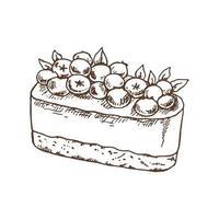 lekker romig zoet dessert. vintage zwart-wit vectorillustratie. hand getrokken schets van heerlijke cake met bosbessen. ontwerp gastronomie productelement. vector