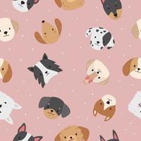 kinderachtig naadloos patroon met honden gezichten op roze achtergrond. doodle puppy hoofden. cartoon rassen van honden. vectorillustratie. vector