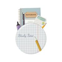 school ronde sticker, geruit notitieboekje, studietijd tekst en pen. briefpapier, rekenmachine, notitieblok. vectorillustratie. vector