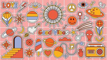 set hipster retro coole psychedelische elementen. collectie stickers van groovy cliparts uit de jaren 70 en 60. collage met trendy popvibe met funky designelement. abstracte achtergrond van cartoonsticker vector