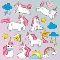 set cartoon roze eenhoorns meisjes mode schets iconen met mooie regenboog, sterren, wolken en andere details. een sticker met een eenhoorn en kleingeld. vector