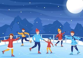 schaatsen met de hand getekende cartoon vlakke afbeelding van winterplezier buiten sportactiviteiten op ijsbaan met seizoensgebonden bovenkleding vector