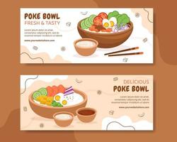 poke bowl eten horizontale banner sjabloon handgetekende cartoon vlakke afbeelding vector