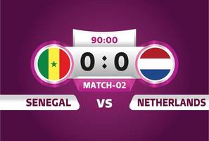 Senegal vs Nederland, voetbal 2022, groep een wereldkampioenschap voetbal competitie wedstrijd versus teams intro sport achtergrond, kampioenschap competitie finale poster, vectorillustratie.