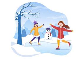 schaatsen met de hand getekende cartoon vlakke afbeelding van winterplezier buiten sportactiviteiten op ijsbaan met seizoensgebonden bovenkleding vector