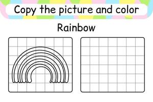 kopieer de afbeelding en kleur regenboog. maak het plaatje compleet. maak het beeld af. kleurboek. educatief tekenoefenspel voor kinderen vector