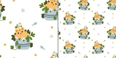 naadloze patroon met schattige katten in bloemen op een witte achtergrond. kindertextuur in scandinavische stijl voor stof, textiel, kleding, kinderkamerdecoratie. vector illustratie