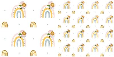 handgetekende vector naadloze achtergronden voor kinderen, met schattige regenbogen. kindertextuur in scandinavische stijl voor stof, textiel, kleding, kinderkamerdecoratie. vector illustratie