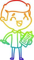 regenbooggradiënt lijntekening cartoon lachende man met klembord vector