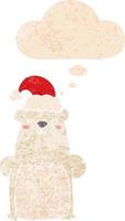 cartoon beer met kerstmuts en gedachte bel in retro getextureerde stijl vector