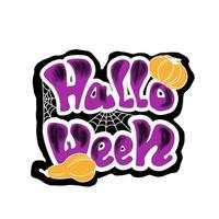 Halloween-sticker met paarse letters in cartoonstijl, pompoenen en spinnenweb op witte achtergrond vector