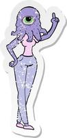 retro noodlijdende sticker van een cartoon vrouwelijke alien met opgeheven hand vector