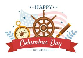 happy columbus day nationale feestdag handgetekende cartoon afbeelding met blauwe golven, kompas, schip en usa vlaggen in vlakke stijl achtergrond vector