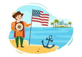 happy columbus day nationale feestdag handgetekende cartoon afbeelding met blauwe golven, kompas, schip en usa vlaggen in vlakke stijl achtergrond vector