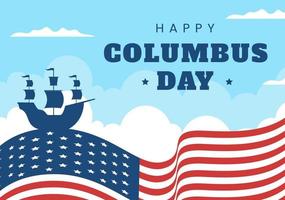 happy columbus day nationale feestdag handgetekende cartoon afbeelding met blauwe golven, kompas, schip en usa vlaggen in vlakke stijl achtergrond vector