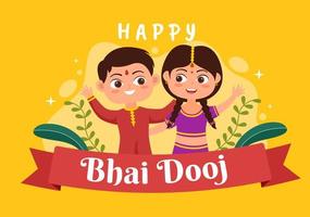 happy bhai dooj indian festival viering handgetekende cartoon illustratie van zusters bidden voor broers bescherming met een stip op zijn voorhoofd vector