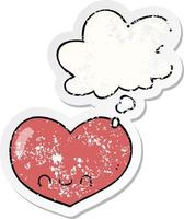 cartoon liefde hart karakter en gedachte bel als een verontruste versleten sticker vector