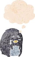 cartoon huilende pinguïn en gedachte bel in retro getextureerde stijl vector