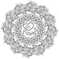 girl power mandala, omtrek kleurplaat met rozen, bladeren en krullen vector