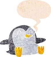 cartoon pinguïn en tekstballon in retro getextureerde stijl vector