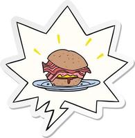 cartoon ongelooflijk lekker spek ontbijt sandwich en kaas en tekstballon sticker vector