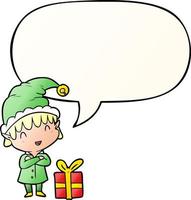 cartoon happy christmas elf en tekstballon in vloeiende verloopstijl vector