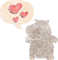 cartoon nijlpaard verliefd en tekstballon in retro getextureerde stijl vector