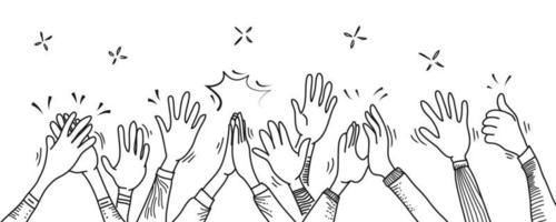 hand getrokken van handen omhoog, klappende ovatie. handen gebaar op doodle stijl. vector illustratie