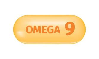 goud glimmend capsule met tekst omega 9. pil van meervoudig onverzadigd vettig zuur, vis olie. voedingswaarde supplement voor Gezondheid en schoonheid vector