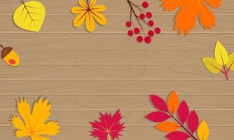houten achtergrond met herfst bladeren. geel en rood esdoorn- blad, eikel- en bessen kader. vector illustratie