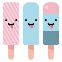 een reeks van drie blauw en roze ijs room kegels met een glimlach en tong uit vector
