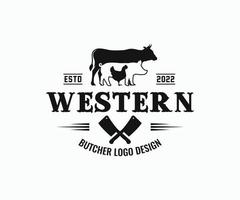 slager logo met koe varkensvlees kip. slager winkel logo ontwerp vector sjabloon.