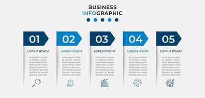 vector infographic zakelijke ontwerpsjabloon met pictogrammen en 5 opties of stappen. kan worden gebruikt voor procesdiagrammen, presentaties, werkstroomlay-out, banner, stroomschema, infografiek