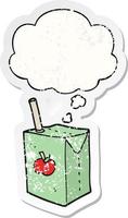 tekenfilm appel sap doos en gedachte bubbel net zo een verontrust versleten sticker vector