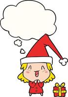 cartoon meisje met kerstmuts en gedachte bel vector