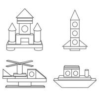 constructie van transport van houten kubussen, zwarte omtrek, kleuren, geïsoleerde vectorillustratie in vlakke stijl vector
