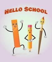 Hallo school. potlood, heerser, borstel. schattig kawaii karakters.