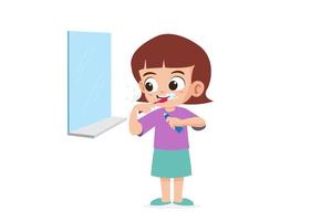 schattig weinig meisje borstels haar tanden met tandenborstel vector illustratie