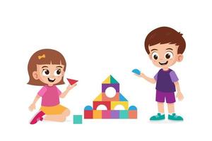 schattig weinig meisje en jongen spelen gebouw blok samen vector illustraiton