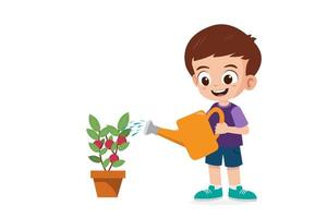 schattig weinig jongen gieter appel boom vector illustratie