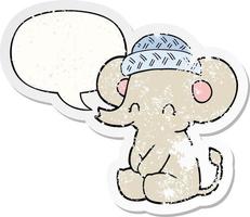 tekenfilm schattig olifant en toespraak bubbel verontrust sticker vector