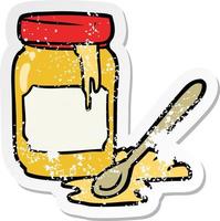 verontrust sticker van een tekenfilm pot van honing vector