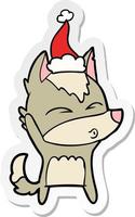 sticker cartoon van een wolf die fluit met een kerstmuts vector