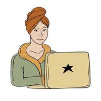 tekening sticker met een meisje in een badjas achter een laptop vector