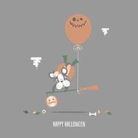 gelukkig halloween-vakantiefestival met schattige Franse bulldog-pug en pompoen en bezem, platte vectorillustratie cartoon karakterontwerp vector
