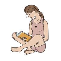 tekening sticker met een meisje zittend Aan de verdieping met een boek vector