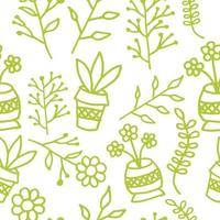 hand- getrokken tekening van bloem, vlezig bladeren, fabriek pot, knop fabriek naadloos achtergrond patroon vector